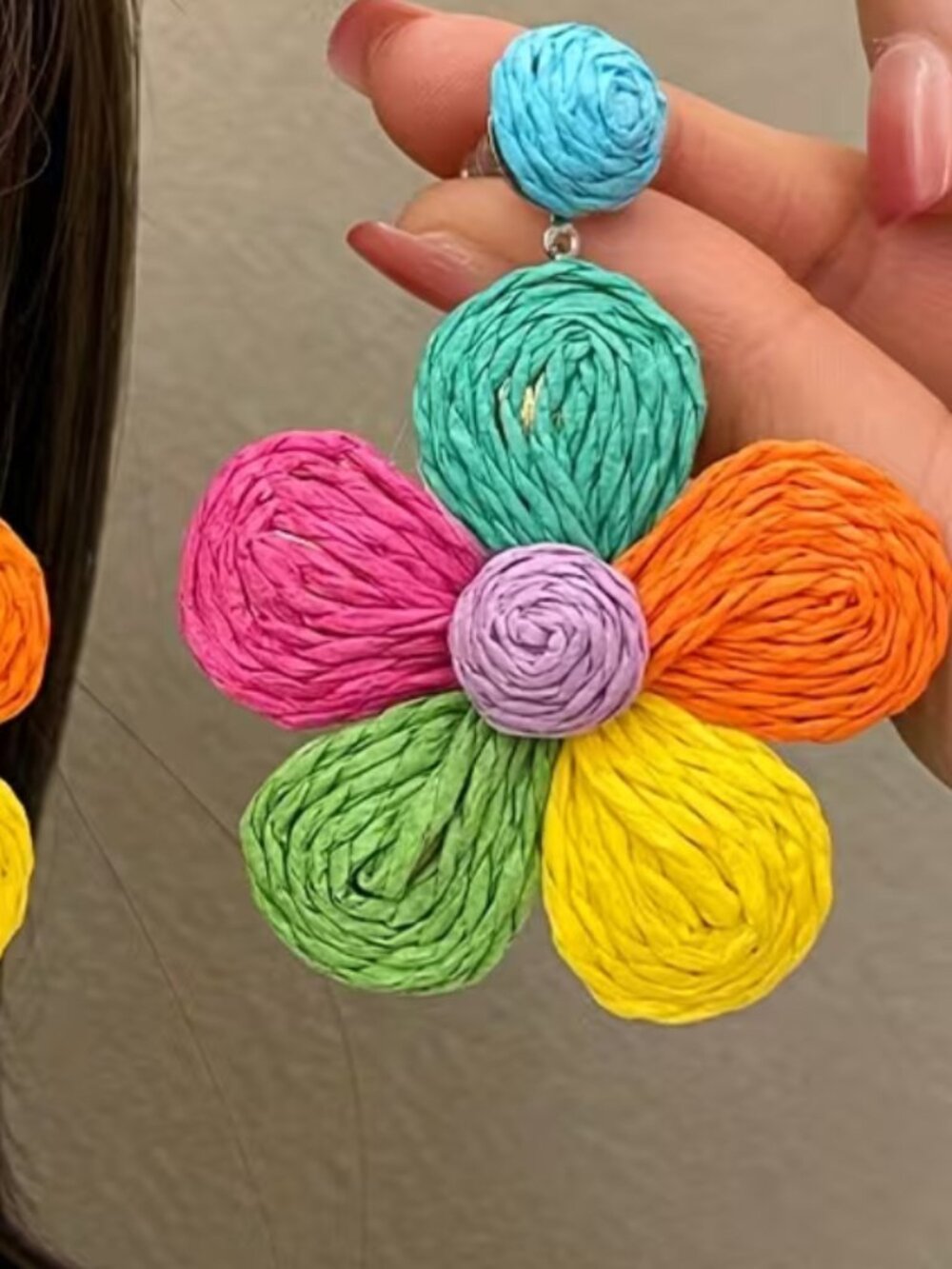 Bohemian Raffia Colorful Flower Earrings Post back.